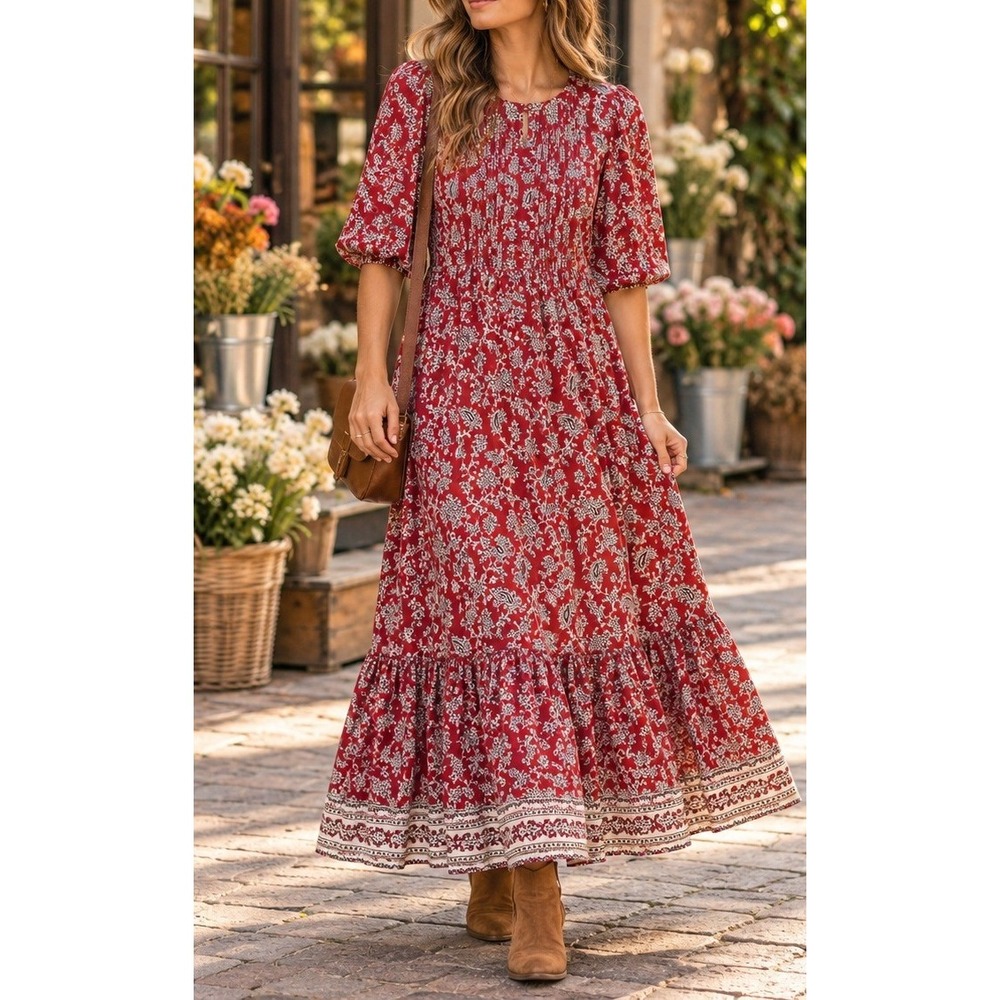 Madewell Red Paisley Pintuck Tiered Maxi Dress Short Puff Sleeve Size 6 NWT